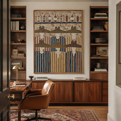 May include: A large rectangular wall art piece featuring a stylized illustration of six figures wearing wide-brimmed hats and striped shirts, arranged in two rows. Above the figures, a row of eight outlined bottle shapes is depicted on a textured background.