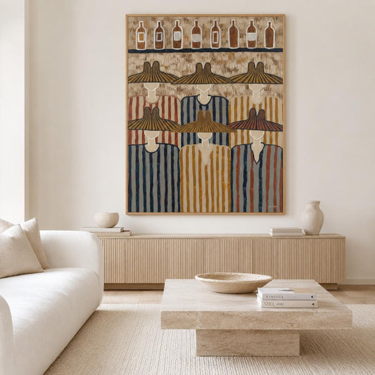 May include: A rectangular wall art piece featuring a stylized illustration of six figures wearing wide-brimmed hats and striped shirts. Above the figures, a shelf displays eight bottle silhouettes in shades of brown, tan, and white.