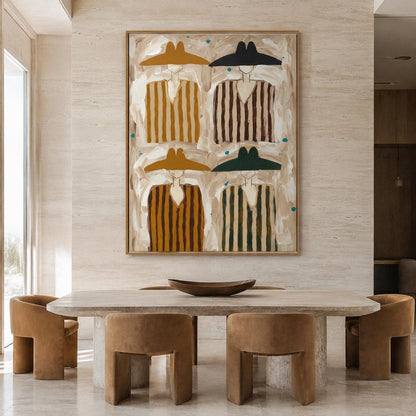 May include: A large rectangular framed painting featuring four stylized figures wearing wide-brimmed hats and striped shirts in shades of mustard yellow, black, brown, and dark green, set against a textured beige background with small blue dots.