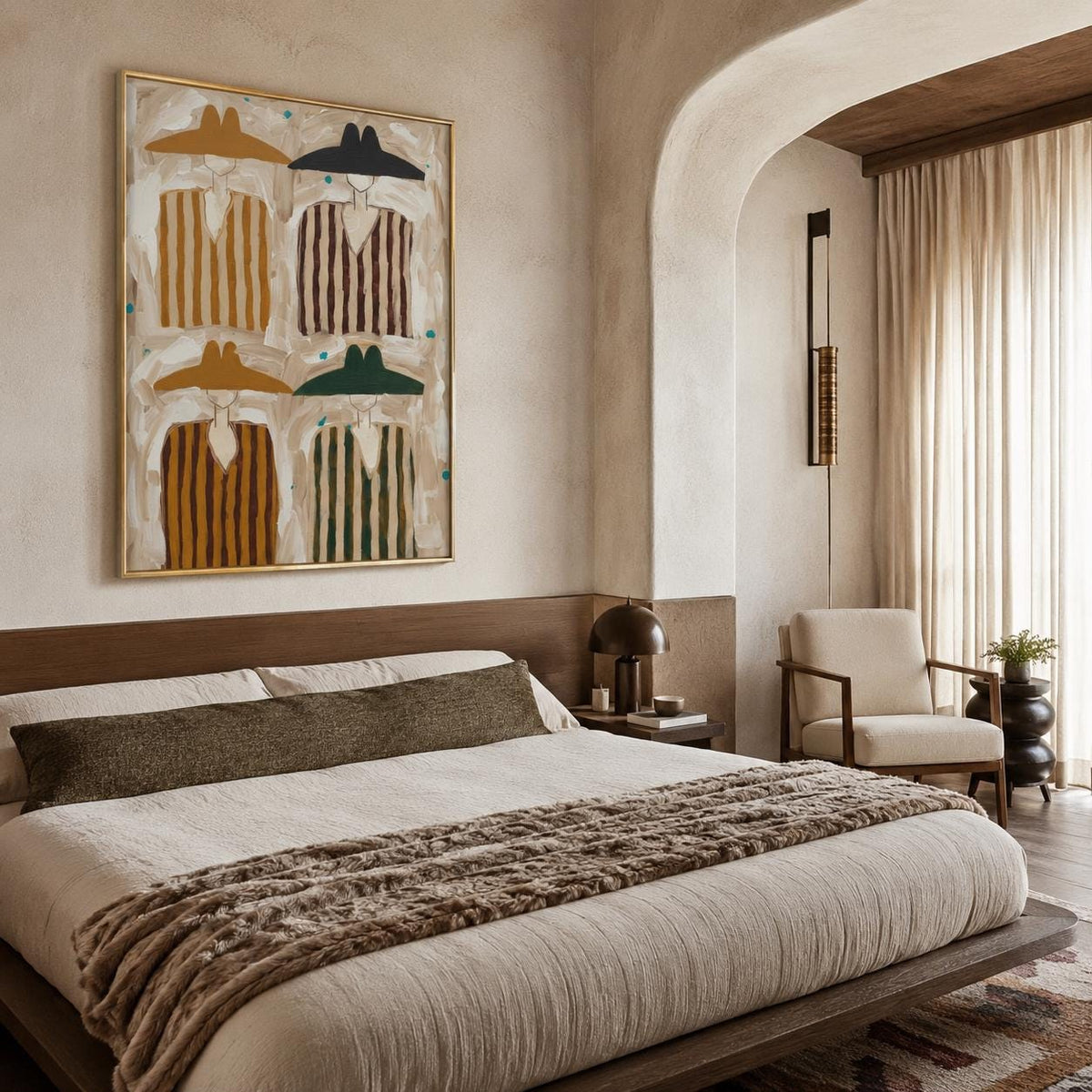 May include: A framed wall art piece featuring four stylized figures wearing wide-brimmed hats and striped shirts in shades of mustard yellow, dark brown, black, and forest green, set against a textured, neutral-toned abstract background.