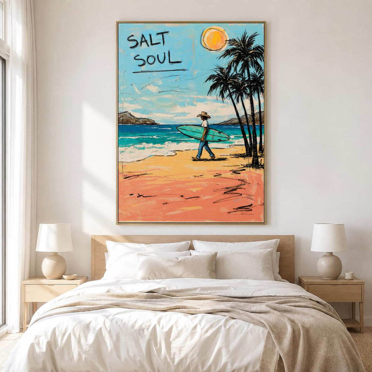 Surfer Beach Wall Art Coastal Canvas Painting for Living Room Beach House Seaside Decor