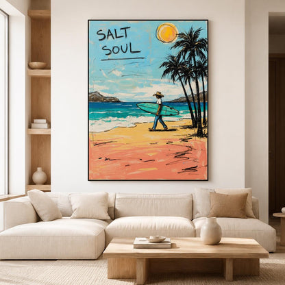 Surfer Beach Wall Art Coastal Canvas Painting for Living Room Beach House Seaside Decor