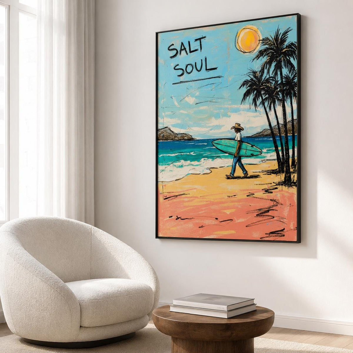 Surfer Beach Wall Art Coastal Canvas Painting for Living Room Beach House Seaside Decor
