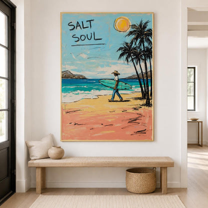 Surfer Beach Wall Art Coastal Canvas Painting for Living Room Beach House Seaside Decor