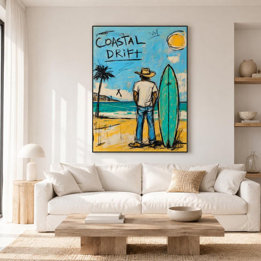 Coastal Drift Surfer Wall Art Blue Coastal Canvas Painting for Beach House Decor