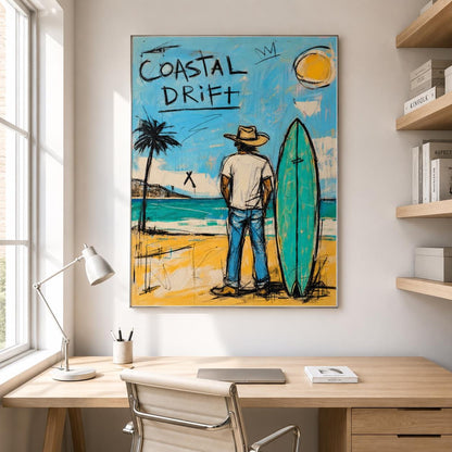 Coastal Drift Surfer Wall Art Blue Coastal Canvas Painting for Beach House Decor