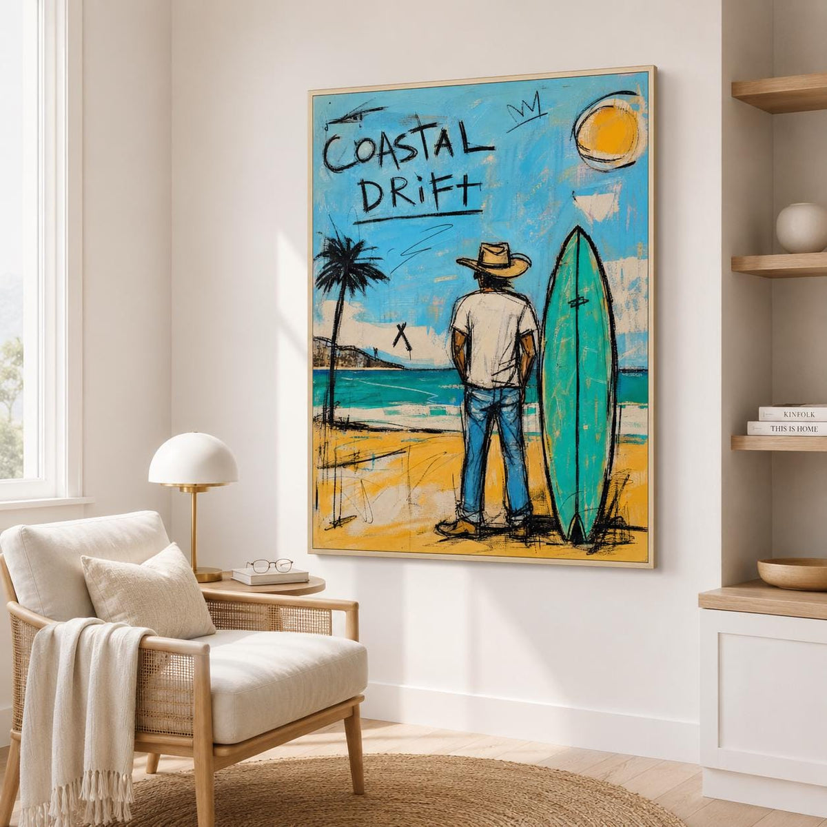 Coastal Drift Surfer Wall Art Blue Coastal Canvas Painting for Beach House Decor