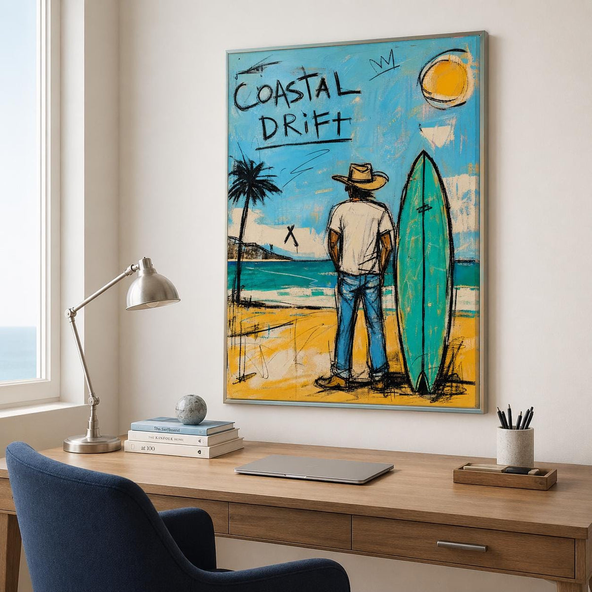 Coastal Drift Surfer Wall Art Blue Coastal Canvas Painting for Beach House Decor