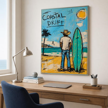Coastal Drift Surfer Wall Art Blue Coastal Canvas Painting for Beach House Decor