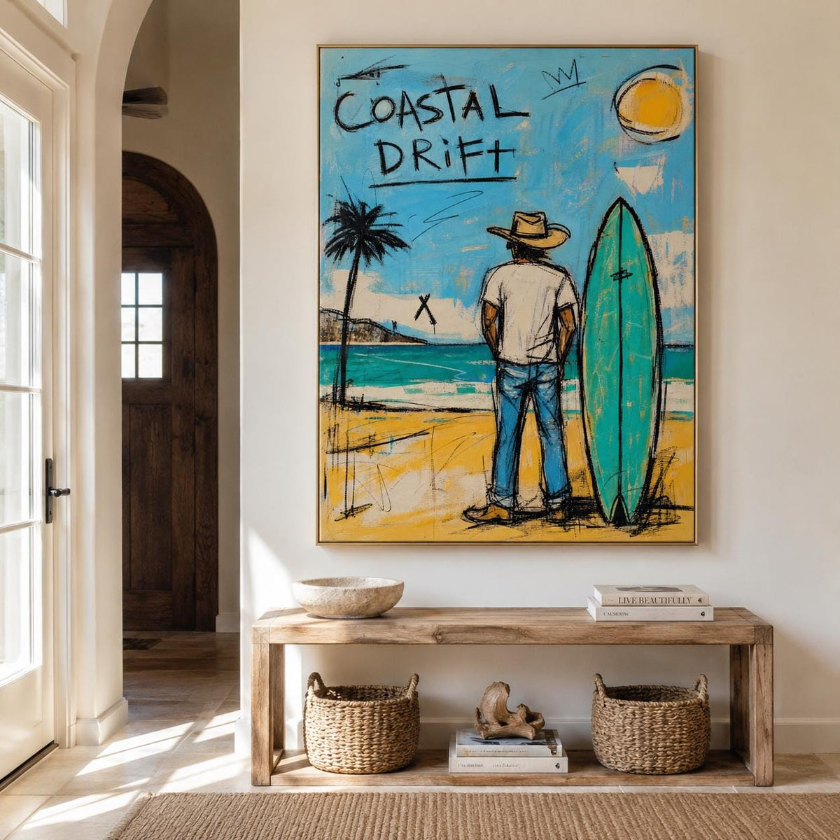 Coastal Drift Surfer Wall Art Blue Coastal Canvas Painting for Beach House Decor