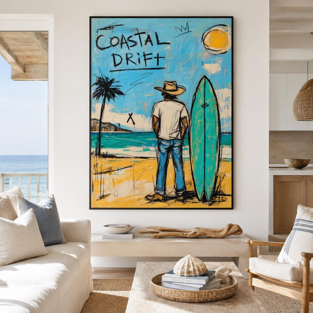 Coastal Drift Surfer Wall Art Blue Coastal Canvas Painting for Beach House Decor