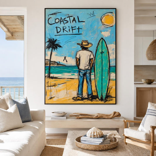 Coastal Drift Surfer Wall Art Blue Coastal Canvas Painting for Beach House Decor