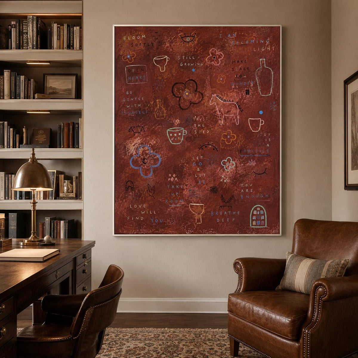 Inspirational Wall Art Rust Red Abstract Canvas Painting for Modern Bedroom Decor