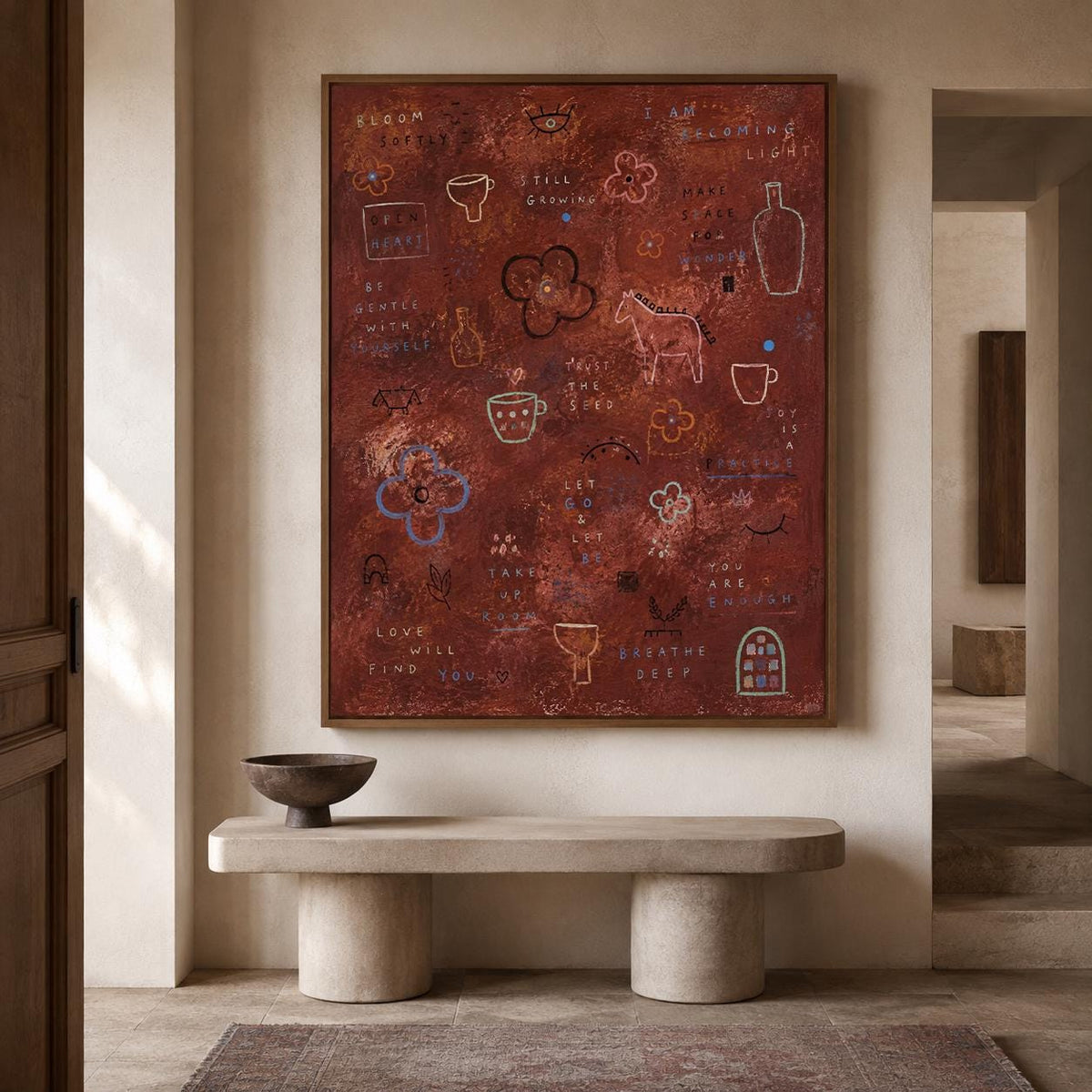 Inspirational Wall Art Rust Red Abstract Canvas Painting for Modern Bedroom Decor