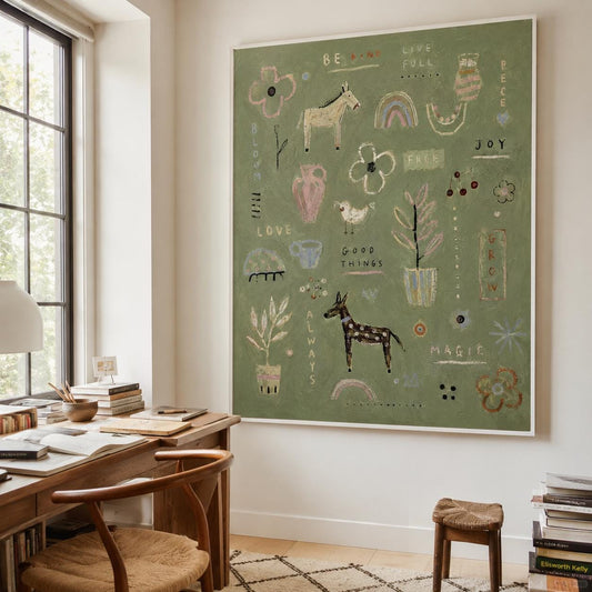Positive Words Wall Art Green Folk Abstract Canvas Painting for Creative Office Home Decor