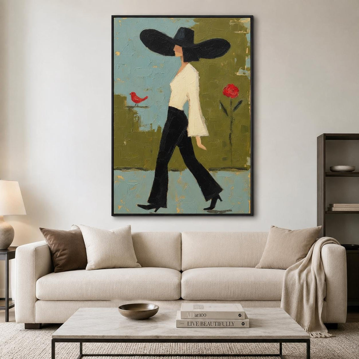 Walking Woman Wall Art Green Modern Figurative Canvas Painting for Stylish Bedroom Home Decor