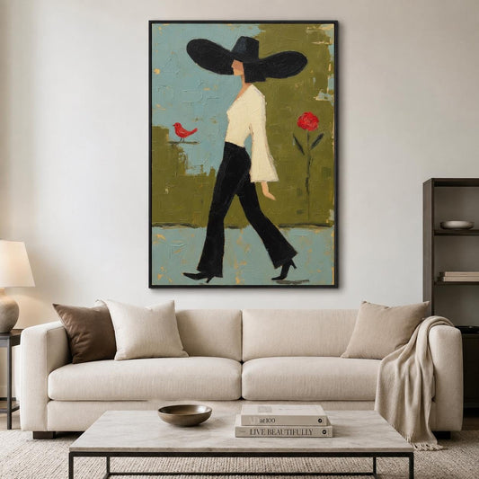 Walking Woman Wall Art Green Modern Figurative Canvas Painting for Stylish Bedroom Home Decor