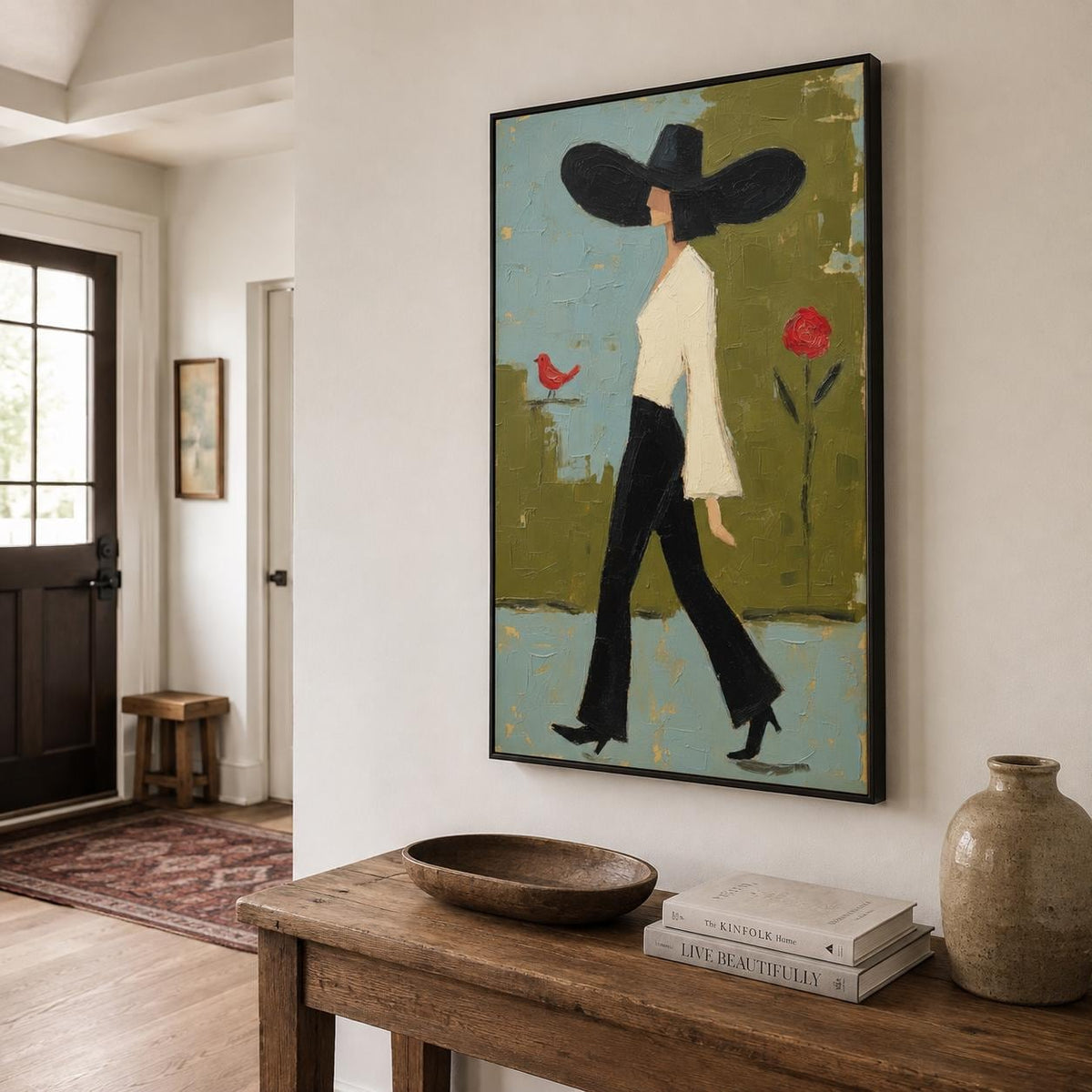 Walking Woman Wall Art Green Modern Figurative Canvas Painting for Stylish Bedroom Home Decor