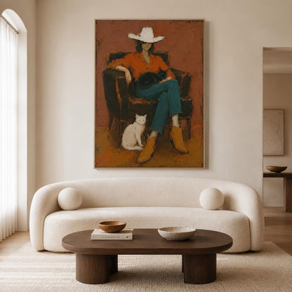 Cowgirl Cat Wall Art Western Figurative Canvas Painting for Living Room Rustic Decor