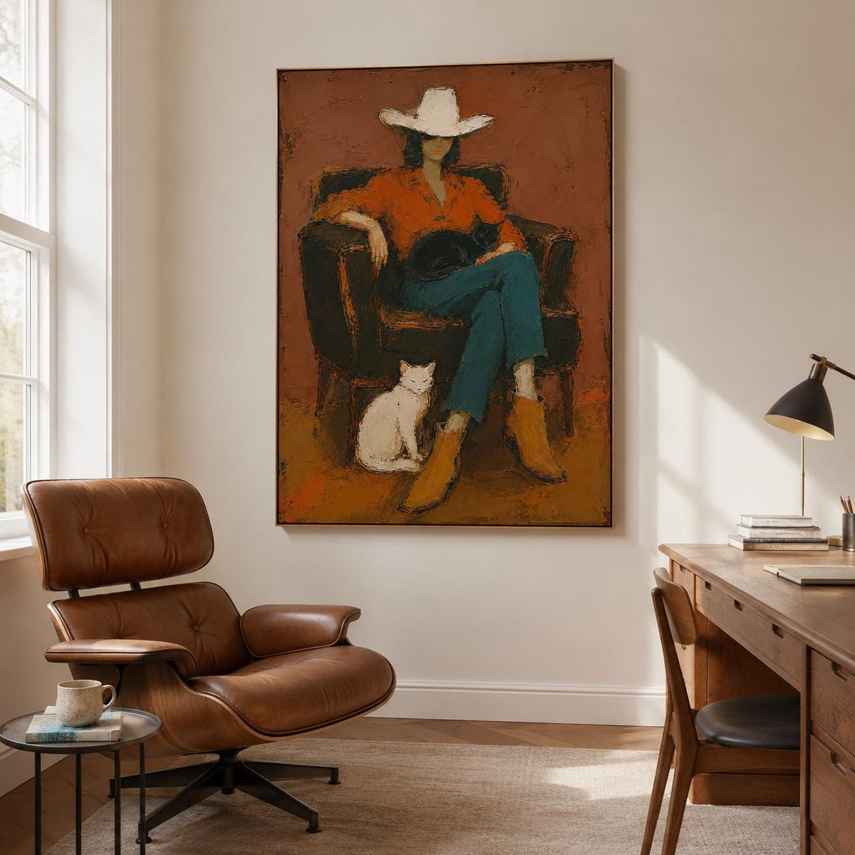 Cowgirl Cat Wall Art Western Figurative Canvas Painting for Living Room Rustic Decor