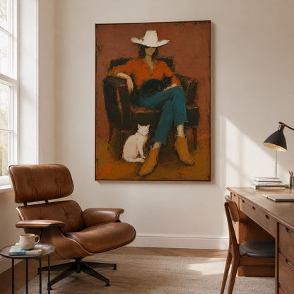 Cowgirl Cat Wall Art Western Figurative Canvas Painting for Living Room Rustic Decor