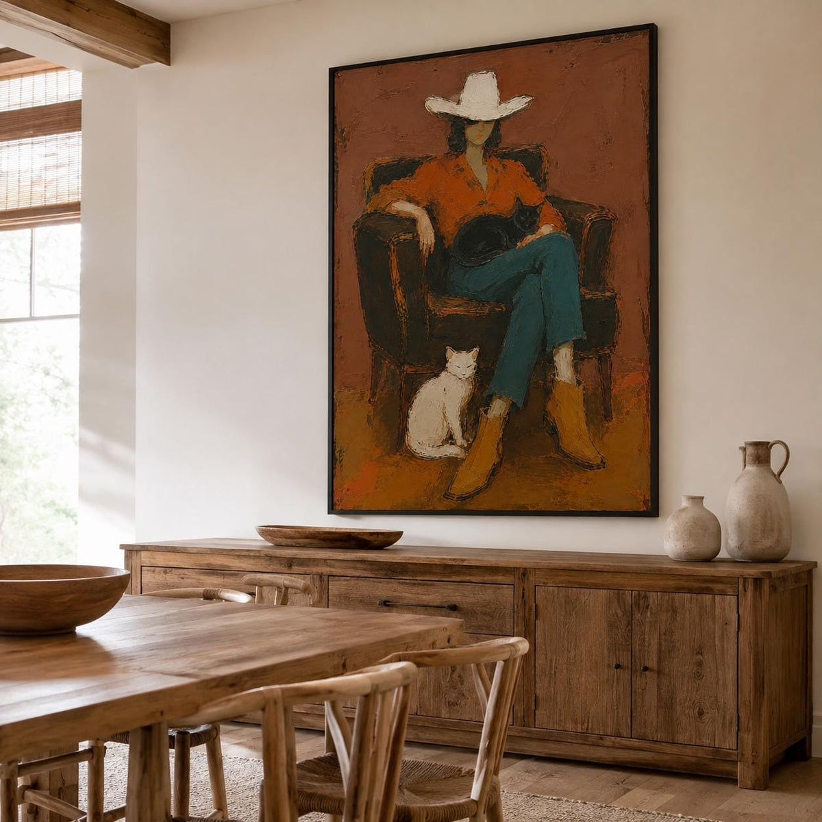 Cowgirl Cat Wall Art Western Figurative Canvas Painting for Living Room Rustic Decor