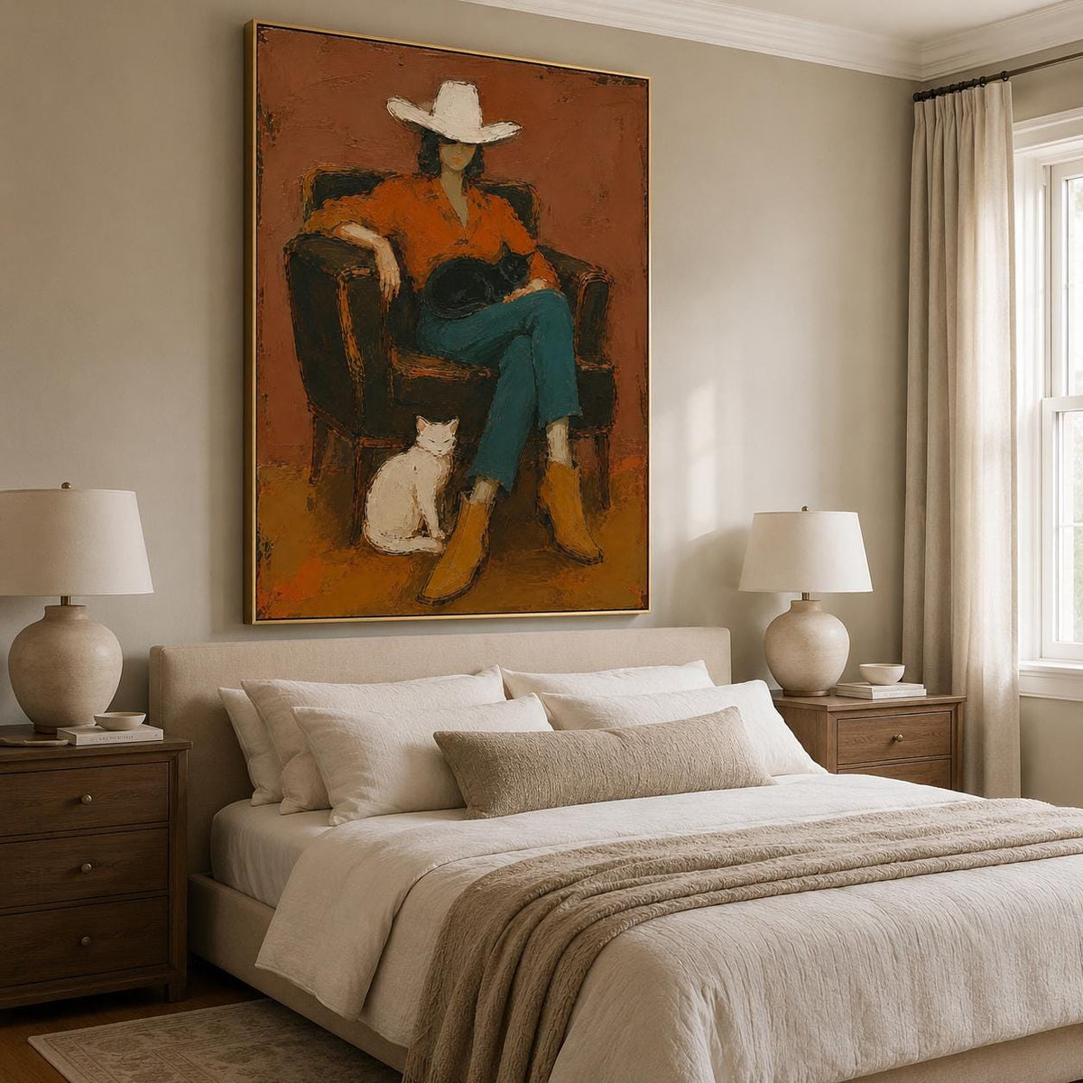 Cowgirl Cat Wall Art Western Figurative Canvas Painting for Living Room Rustic Decor