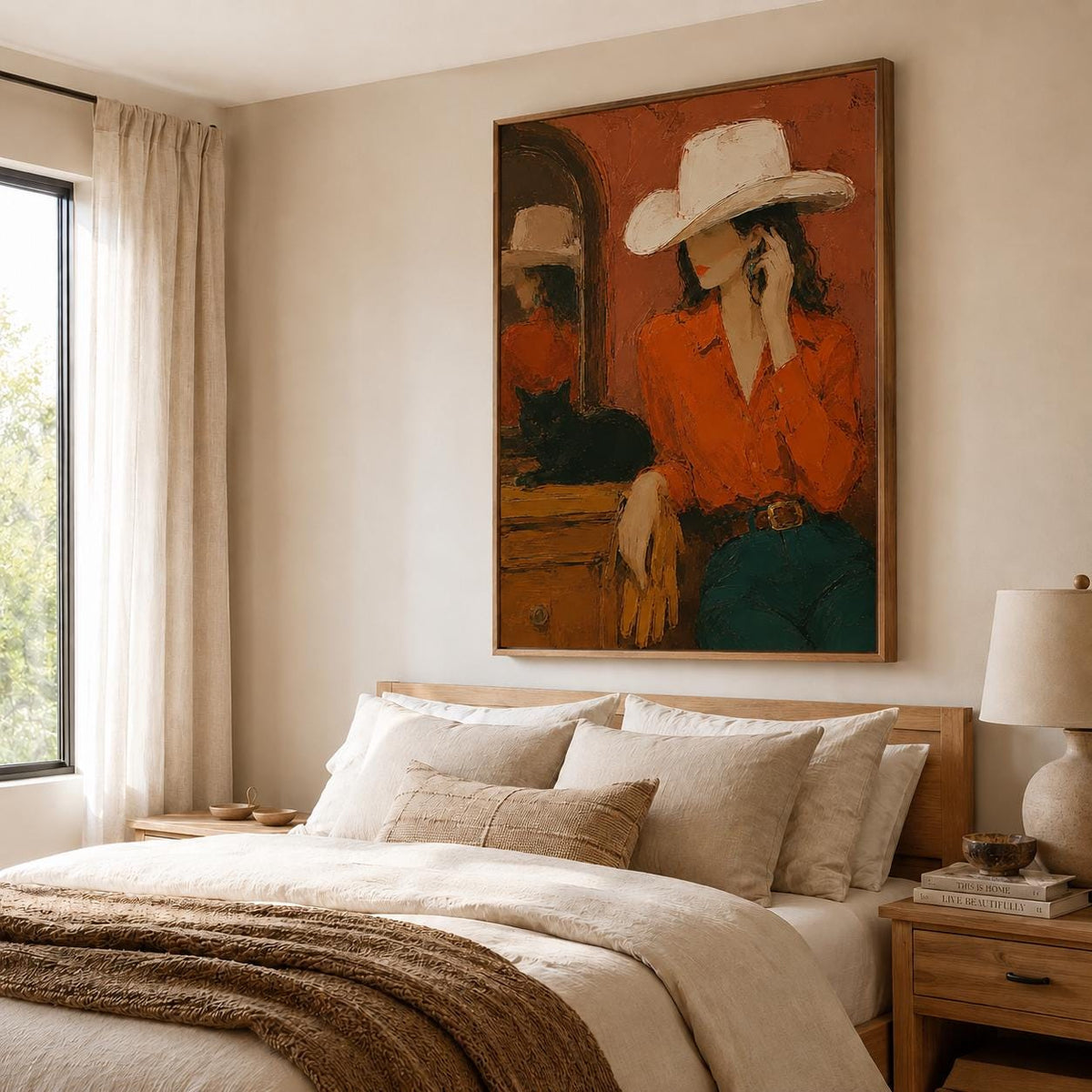 May include: A framed wall art print featuring an oil painting of a figure wearing a white cowboy hat, an orange long-sleeved shirt, and dark blue jeans. A black cat sits on a wooden dresser next to the figure, set against a deep red background.