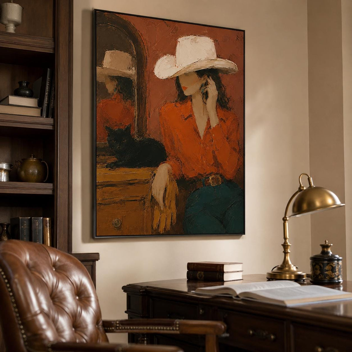 May include: A framed oil painting depicting a person wearing a white cowboy hat, an orange long-sleeved shirt, and blue jeans. A black cat sits on a wooden surface next to a mirror reflecting the person. The background is a deep, textured red.