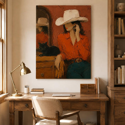 May include: A canvas wall art print featuring an oil painting of a person wearing a white cowboy hat and a bright orange button-down shirt, paired with dark blue pants. A black cat sits on a wooden surface next to them in a warm-toned room.