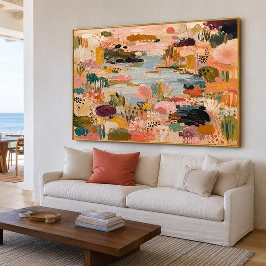 May include: A large rectangular canvas painting featuring an abstract landscape with a central blue water feature surrounded by textured patches of pink, orange, yellow, green, and black paint. The artwork is framed in a thin gold-toned border.