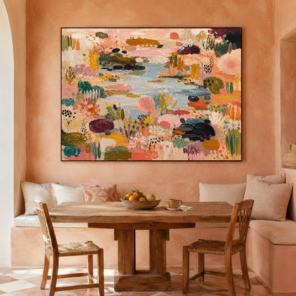 May include: A large rectangular canvas painting featuring an abstract landscape with a central blue water feature surrounded by textured layers of pink, orange, yellow, green, and black paint strokes, framed in a thin black border on a wall.