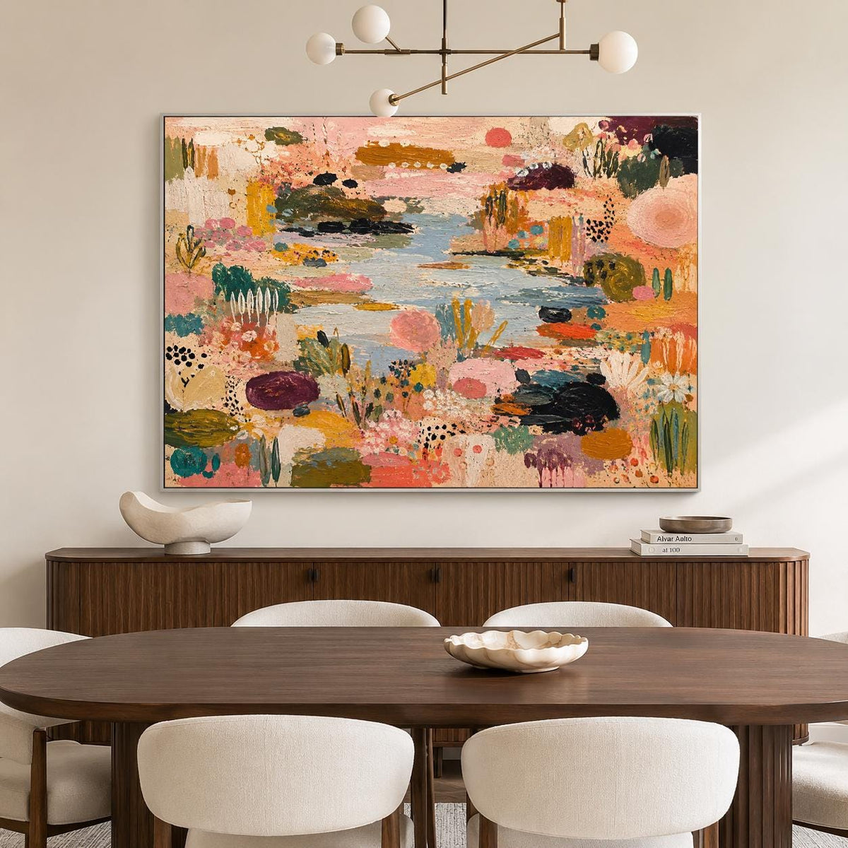 May include: A large rectangular canvas painting featuring an abstract landscape with a central blue water feature surrounded by textured layers of pink, orange, yellow, green, and dark purple paint, creating a dense, colorful floral garden scene.