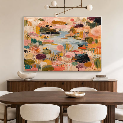 May include: A large rectangular canvas painting featuring an abstract landscape with a central blue water feature surrounded by textured layers of pink, orange, yellow, green, and dark purple paint, creating a dense, colorful floral garden scene.