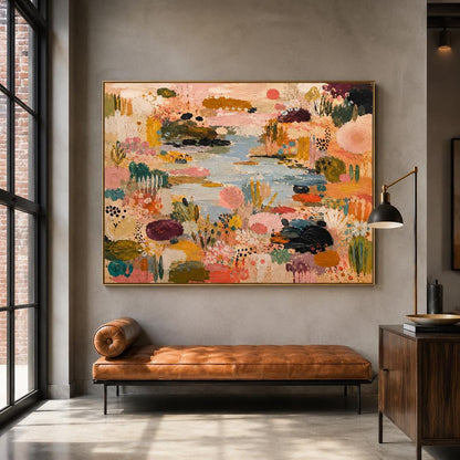 May include: A large rectangular canvas painting featuring an abstract landscape with a central light blue water feature surrounded by textured patches of pink, orange, yellow, dark green, and deep purple paint, framed in a thin gold metal border.