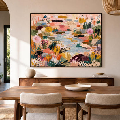 May include: A large rectangular canvas painting featuring an abstract landscape with a central light blue river. The composition is filled with textured brushstrokes in shades of pink, mustard yellow, deep green, black, and white, depicting flora.