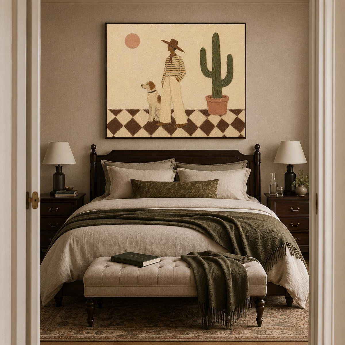 May include: A rectangular wall art print featuring a person in a wide-brimmed hat and striped shirt standing next to a dog and a potted cactus. The scene is set on a brown and white diamond-patterned floor under a pale sun against a beige background.