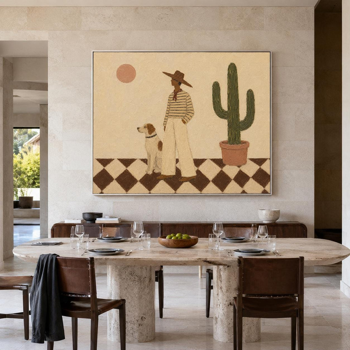 May include: A rectangular wall art print featuring a person in a wide-brimmed hat, striped shirt, and light trousers standing next to a dog on a brown and white checkered floor. A tall green cactus in a pot and a circular sun are in the background.
