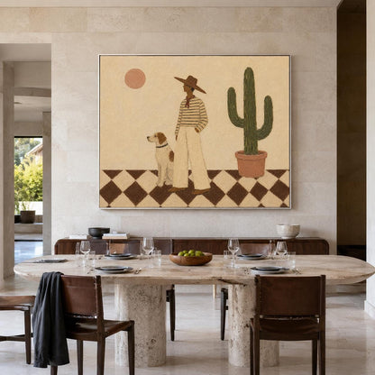 May include: A rectangular wall art print featuring a person in a wide-brimmed hat, striped shirt, and light trousers standing next to a dog on a brown and white checkered floor. A tall green cactus in a pot and a circular sun are in the background.
