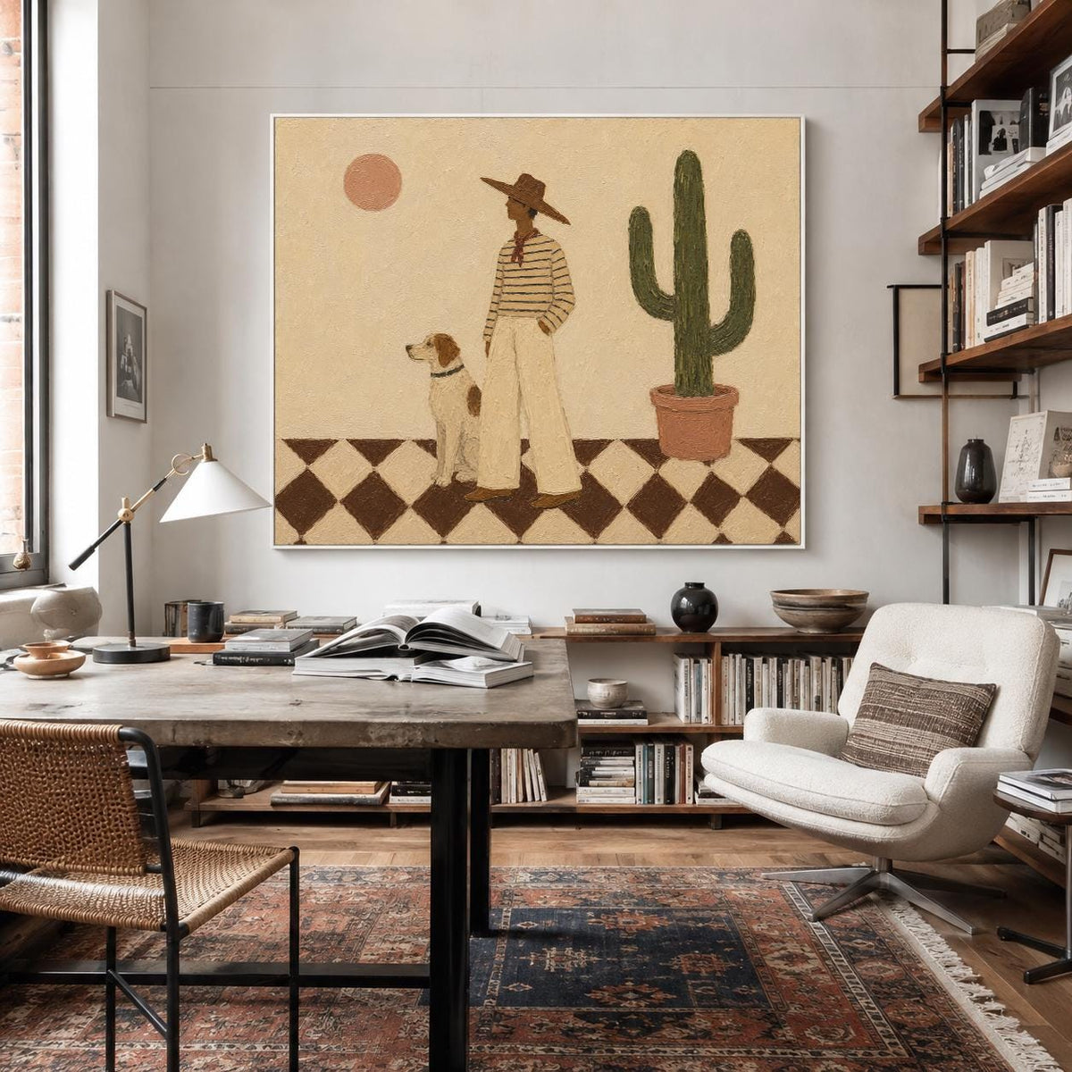 May include: A large square wall art print featuring a stylized illustration of a person in a wide-brimmed hat and striped shirt standing next to a dog and a potted cactus on a brown and white checkered floor under a solid orange sun.