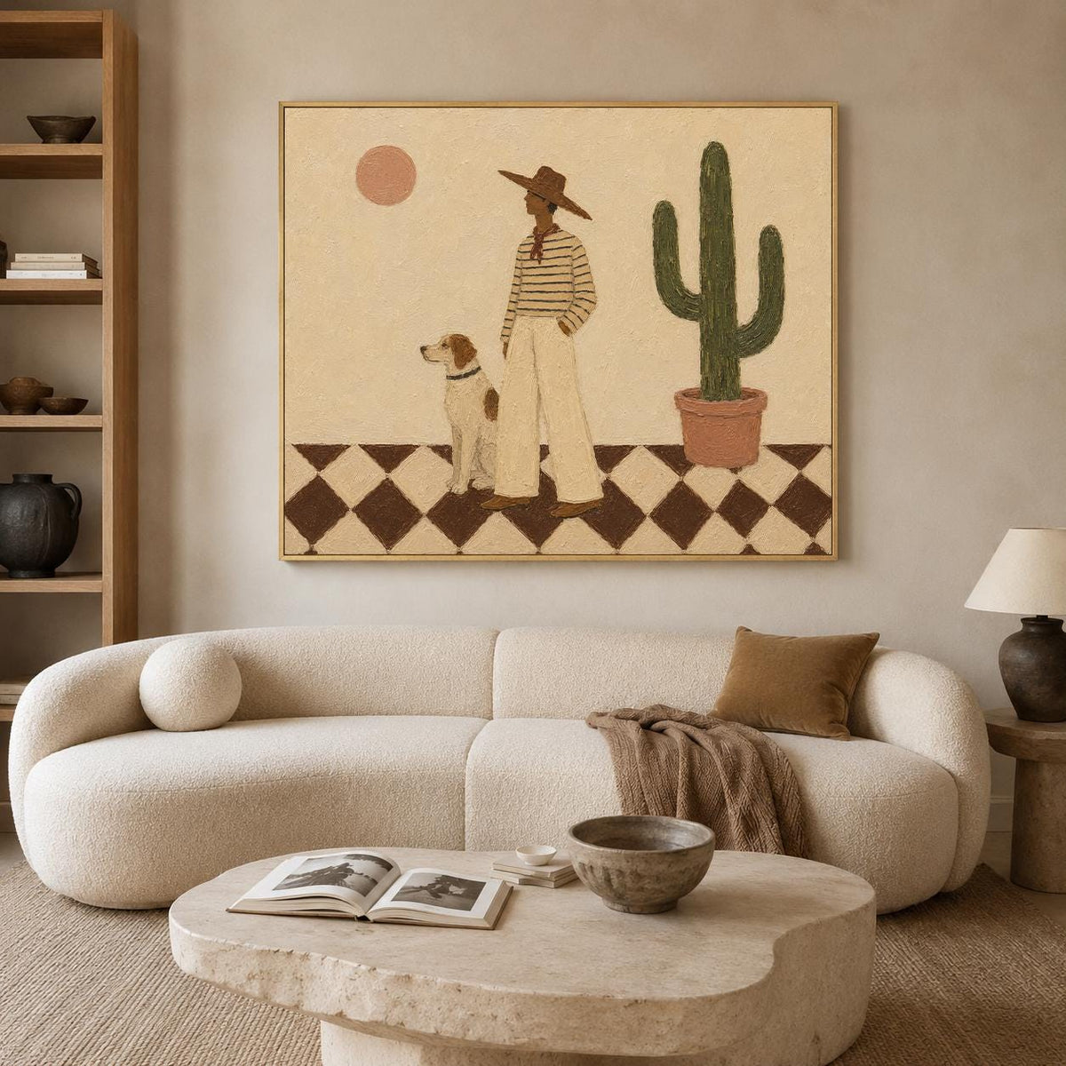 May include: A rectangular wall art print featuring a stylized illustration of a person in a wide-brimmed hat and striped shirt standing next to a dog and a tall green cactus in a terracotta pot, set against a beige background with a brown checkered floor.