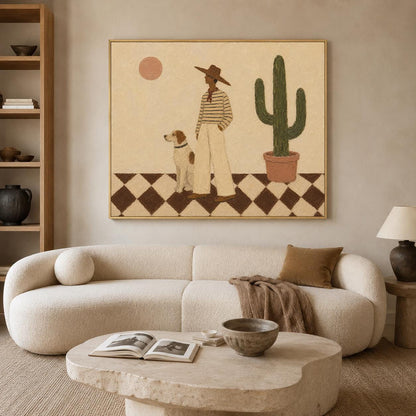 May include: A rectangular wall art print featuring a stylized illustration of a person in a wide-brimmed hat and striped shirt standing next to a dog and a tall green cactus in a terracotta pot, set against a beige background with a brown checkered floor.
