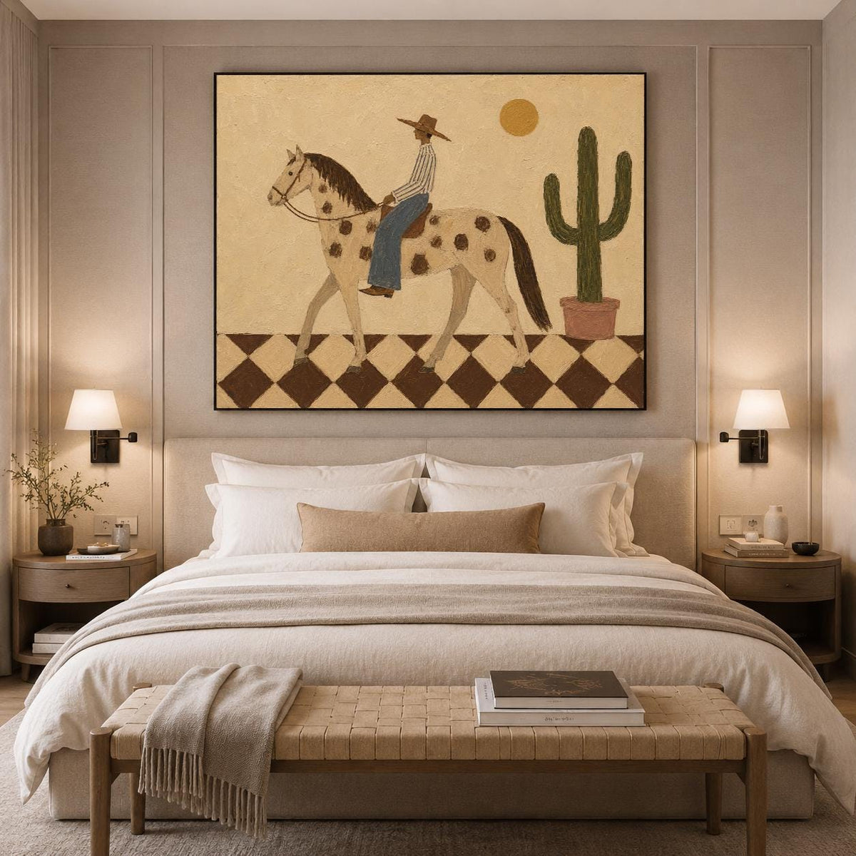 May include: A rectangular wall art print featuring a person in a hat riding a spotted horse across a brown and white checkered floor. A tall green cactus in a pot and a yellow sun are visible against a textured beige background in the illustration.