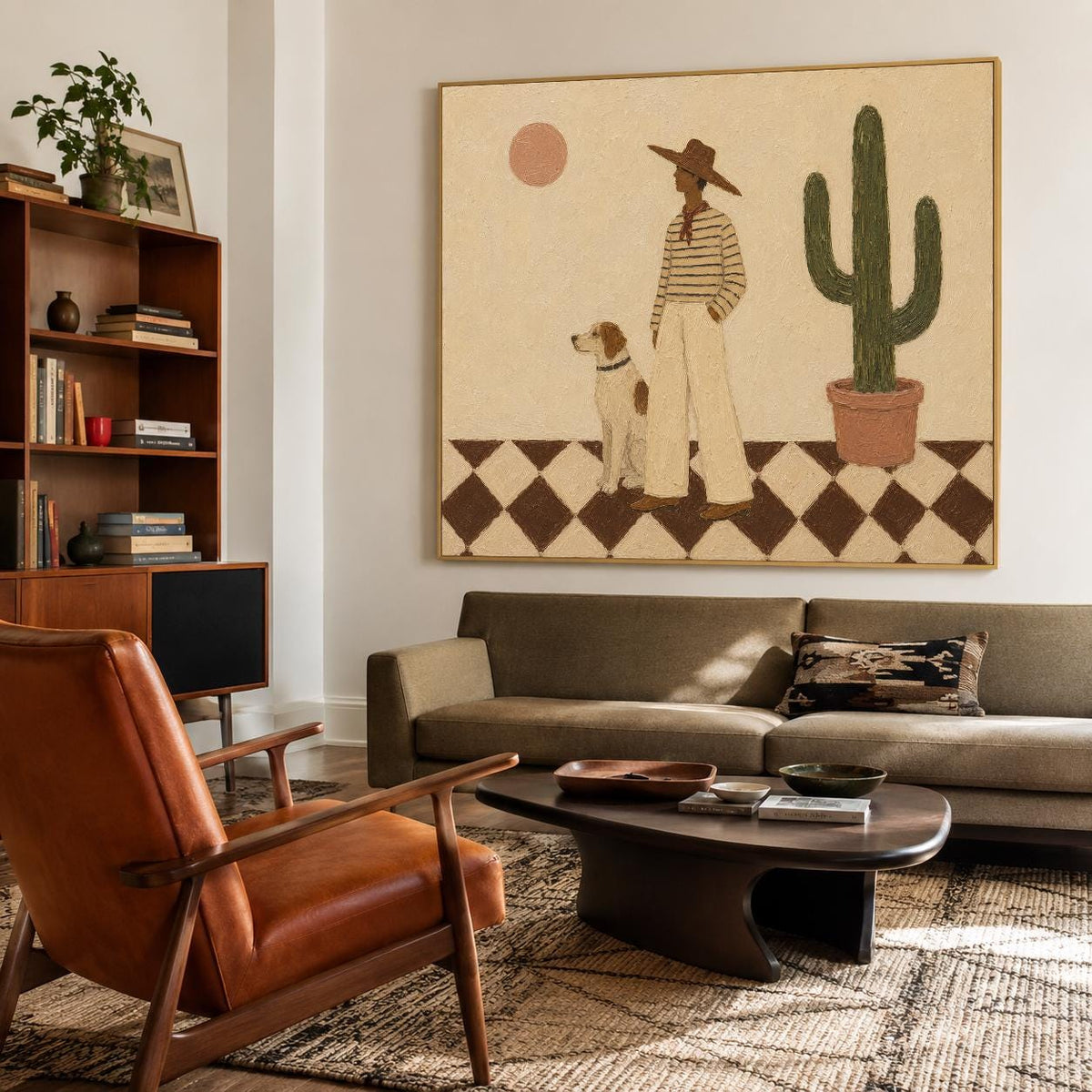 May include: A large square wall art print featuring a stylized illustration of a person in a wide-brimmed hat and striped shirt standing with a dog next to a potted cactus on a brown and white checkered floor under a pale pink sun.