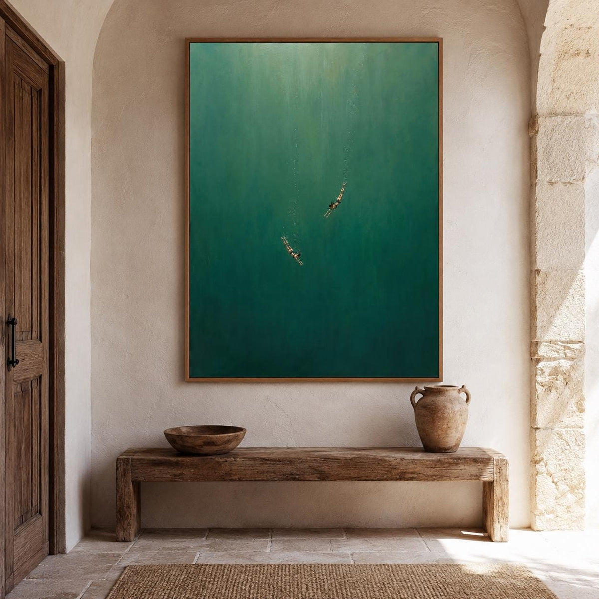 May include: A large rectangular wall art piece featuring a deep emerald and forest green gradient background with two small figures swimming in the center. The painting is encased in a thin wooden frame and displays a serene underwater scene.
