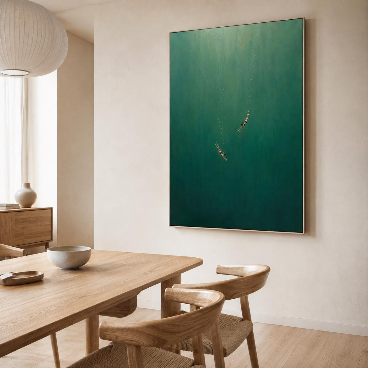 May include: A large rectangular wall art piece featuring a deep emerald green gradient background with two small figures swimming in the center. The painting displays a vertical orientation with a smooth, solid color field and subtle light variations.