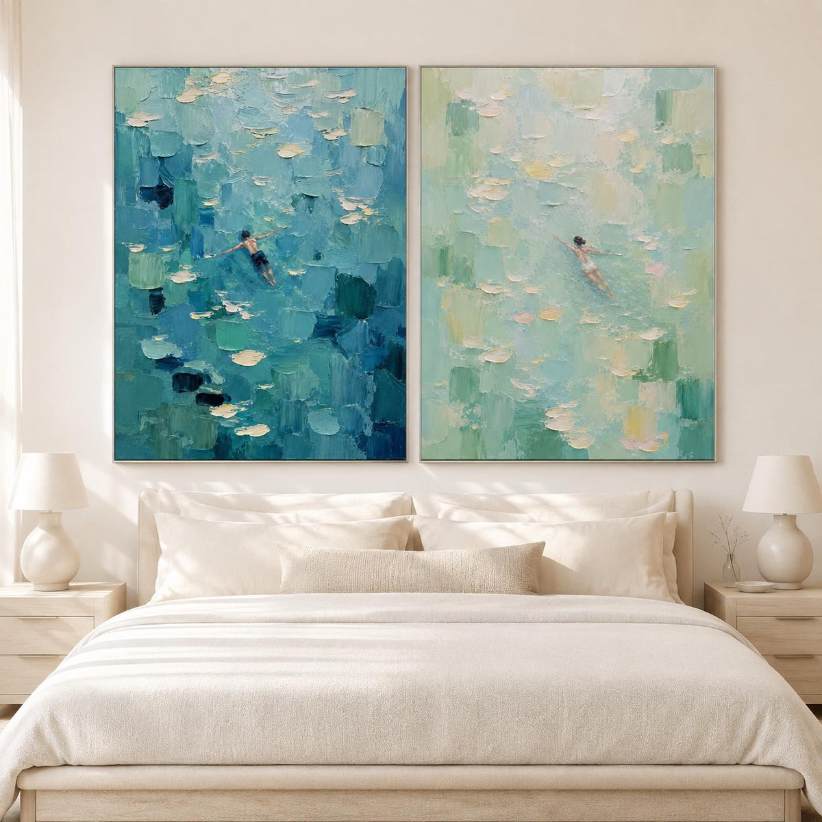May include: A diptych of two rectangular oil paintings featuring thick, textured impasto brushstrokes. The left canvas displays deep blue and teal water with a swimmer, while the right canvas shows light green and white water with a swimmer.