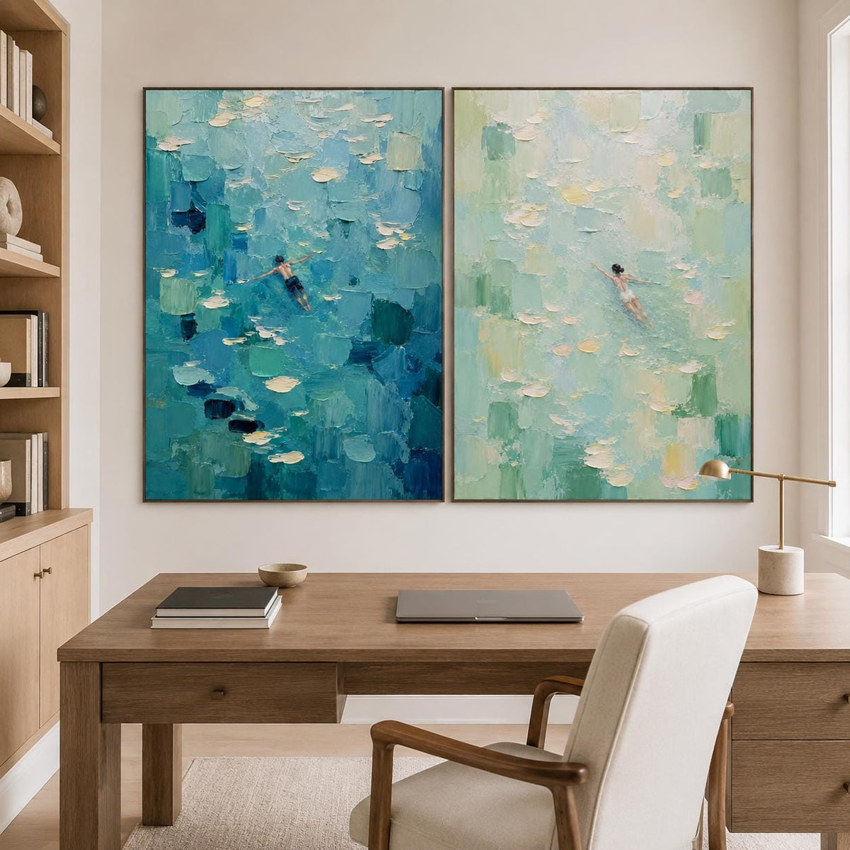 May include: Two large rectangular canvas paintings featuring thick impasto brushstrokes. The left painting displays a person swimming in deep blue water. The right painting shows a person swimming in light green water with white highlights.