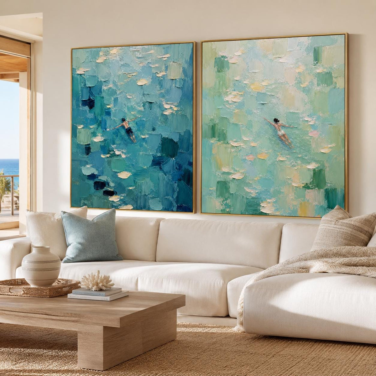 May include: Two rectangular oil paintings featuring thick impasto brushstrokes in shades of blue, teal, and white. Each canvas depicts a single figure swimming in water, with one figure in dark trunks and the other in a light swimsuit, framed in gold.