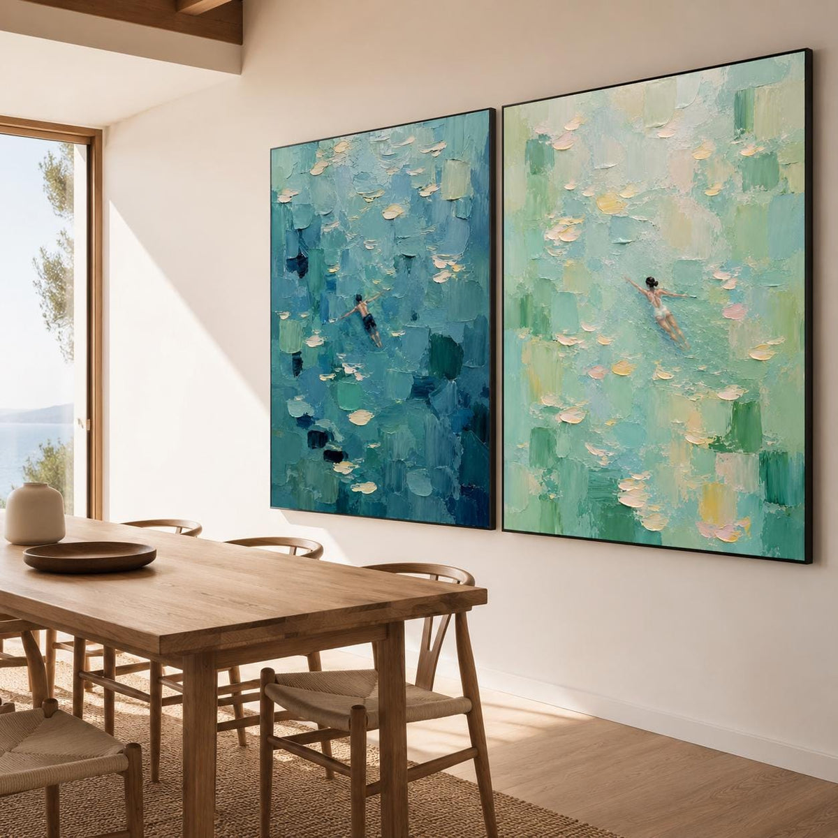 May include: Two large rectangular oil paintings featuring thick impasto brushstrokes. The left canvas displays a swimmer in deep blue water, while the right canvas shows a swimmer in light green water, both with scattered white highlights.